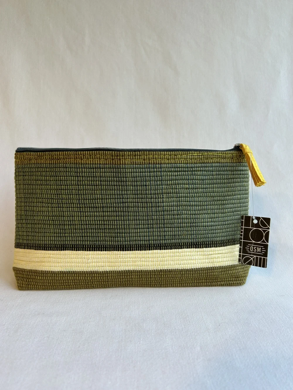 OSM Clutch Bag Womens Yellow Olive Green Zippered Abaca Paper Woven Stripe New